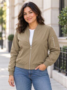 Khaki Bomber Jacket – Silver Zip & Utility Sleeve Pocket, Size L